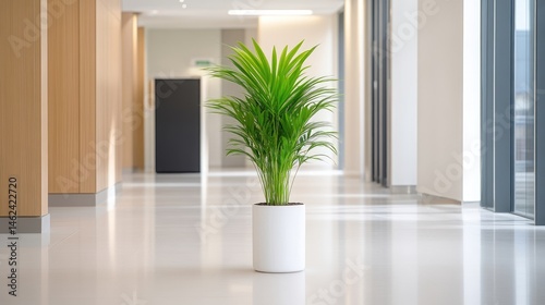 Modern office hallway with potted plant
