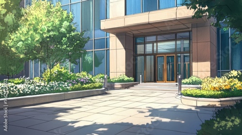 Hand drawn office building with greenery around it and a modern entrance