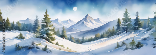 Snow-covered hills and pine trees stretch toward majestic mountains under a clear blue sky in a winter alpine scene with painterly detail and soft shadows.
