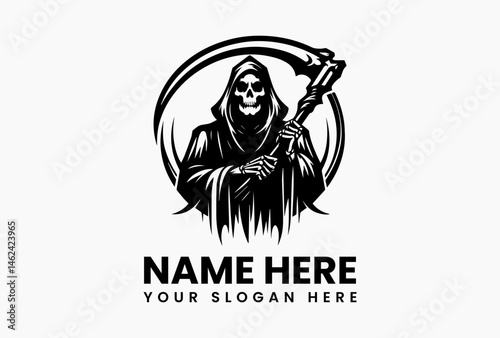 Monochrome Grim Reaper Illustration Vector Logo Design. Minimalist Macabre Art