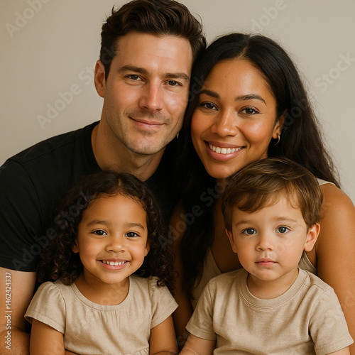 Happy Multiethnic Family Portrait – Biracial Couple with Two Young Children in Neutral Tones for Lifestyle and Parenthood Campaigns