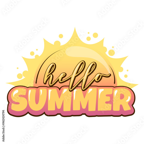 summer sticker with handwritten  hello summer, with sun in warm yellow color, for designs, calendars, planner and different posters