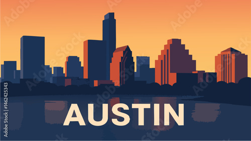 Austin Texas skyline at sunset with clear skies and city life as a vector illustration