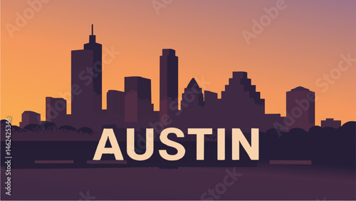 Austin Texas skyline at sunset with colorful skies and city reflections as a vector illustration