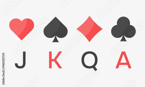 Set of symbols of playing cards like a  jack, king, ace, queen, spade, heart, club, diamond illustration. Vector