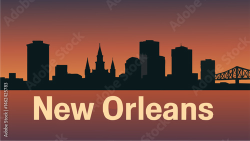 New Orleans skyline at sunset with historic buildings and streetcars as a vector illustration