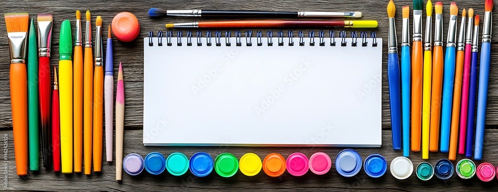 Obraz premium Colorful art supplies on wood. Blank page
