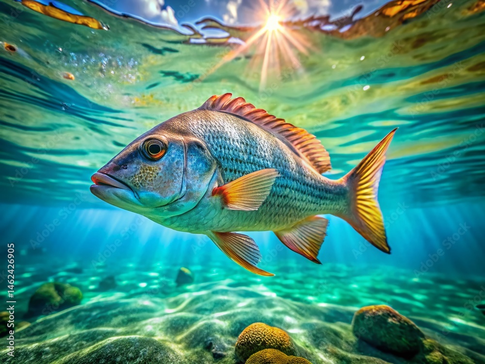 Naklejka premium Vibrant Drum Fish Gracefully Swimming in Crystal Clear Ocean Water - Stunning Underwater Marine Life Stock Photo