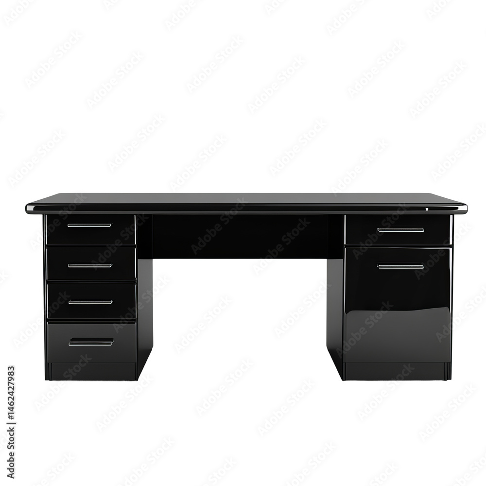 A sleek, modern black office desk with multiple drawers, a symbol of professional workspace. Its glossy finish reflects a sense of luxury and functionality. A sleek, modern black office desk with multiple drawers, a symbol of professional workspace. Its glossy finish reflects a sense of luxury and functionality.