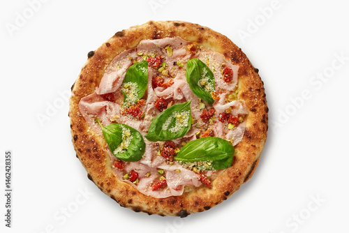 Delicious pizza with mortadella, pistachios, sun-dried tomatoes and basil on white background