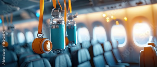 A dramatic and moody scene depicting the interior of an airplane cabin, with dramatic lighting illuminating the space and oxygen masks visible, creating a sense of atmosphere and tension.