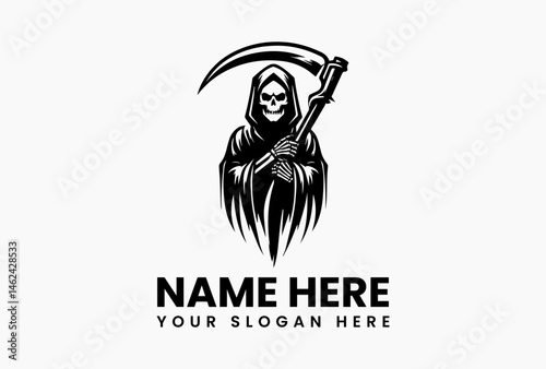 Monochrome Grim Reaper Illustration Vector Logo Design. Minimalist Macabre Art