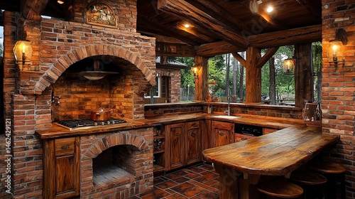 A rustic outdoor kitchen with a brick oven and wooden countertops. photo