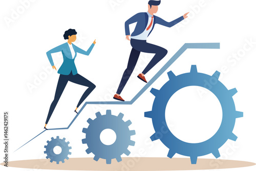 Business Work Process Concept. Vector cartoon illustration of a group of people in business suits running along a mechanism with gears. isolated on a white background.