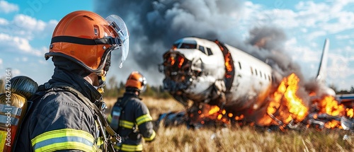 Brave firefighters working to extinguish the intense flames engulfing a crashed aircraft, as part of an emergency response