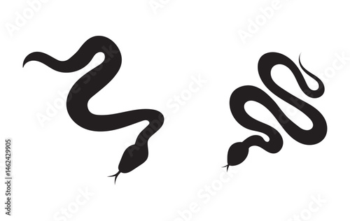 Vector monochrome tangled snake set. Collection of black outline and silhouette pythons with plant decoration isolated from background. Symbol of Chinese New Year for icons, logos
