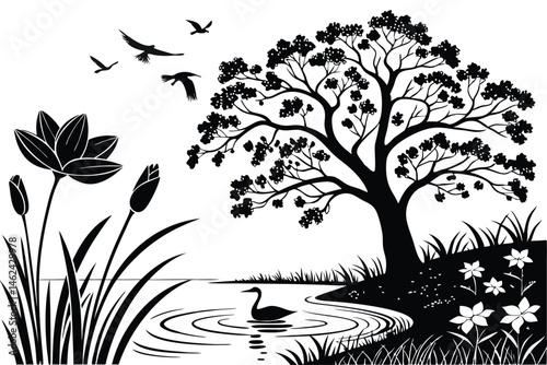 17 Black and white illustration, silhouette art, nature scene, serene pond, lush flora, blooming flowers, majestic tree, flying birds, swimming bird, rippling water, intricate details, stylized foliag