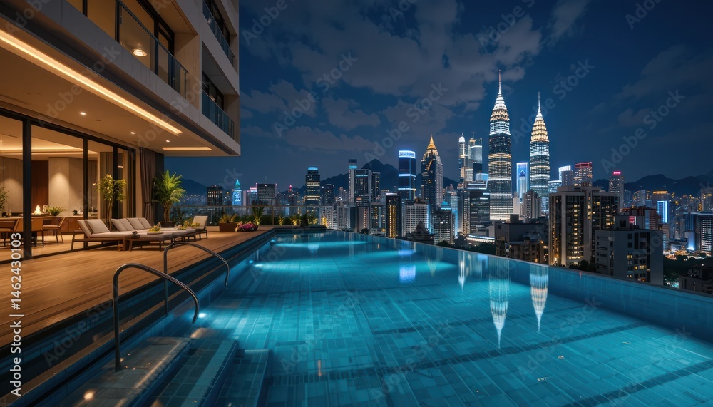 Fototapeta premium Infinity pool luxury apartment kuala lumpur skyline view
