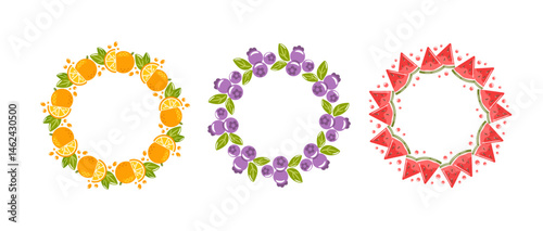 Wallpaper Mural Three round frames creatively designed with vibrant oranges, juicy blueberries, and fresh watermelon slices. This colorful composition adds a playful and refreshing touch, perfect for summer-themed Torontodigital.ca