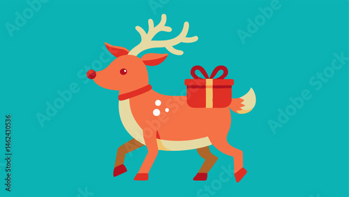 Reindeer Carrying Gifts A playful reindeer trotting along with a sack full of gifts on its back complete with a red nose and a scarf.