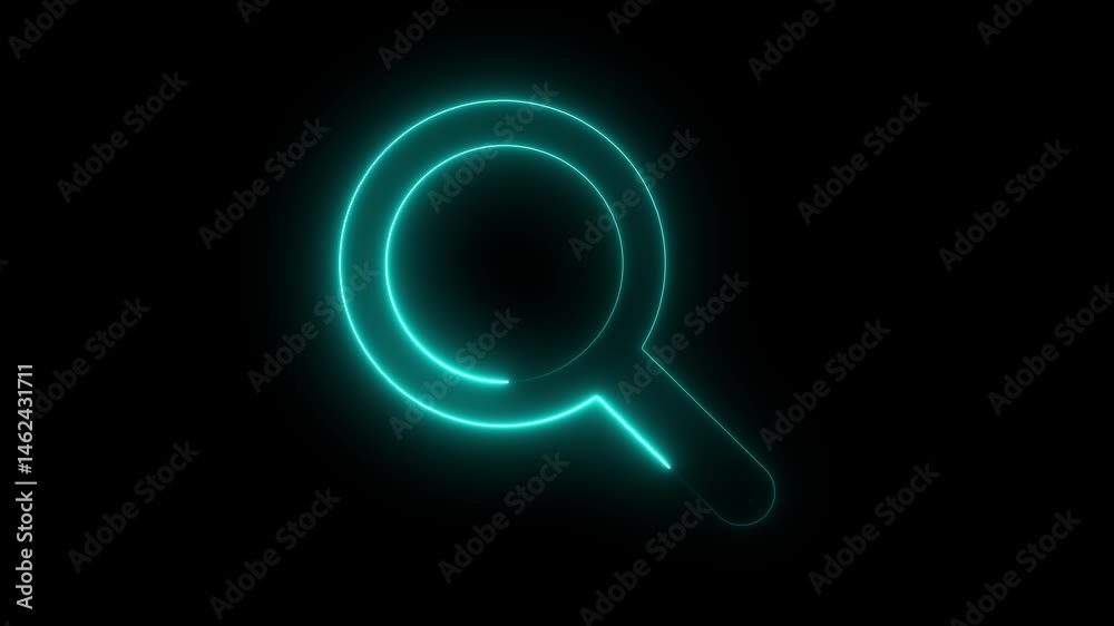 abstract blue color neon search icon,glowing search icon animation ion black background. abstract blue color neon search icon,glowing search icon animation ion black background.