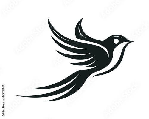 Elegant bird in flight logo, monochrome abstract avian graphic on a white background