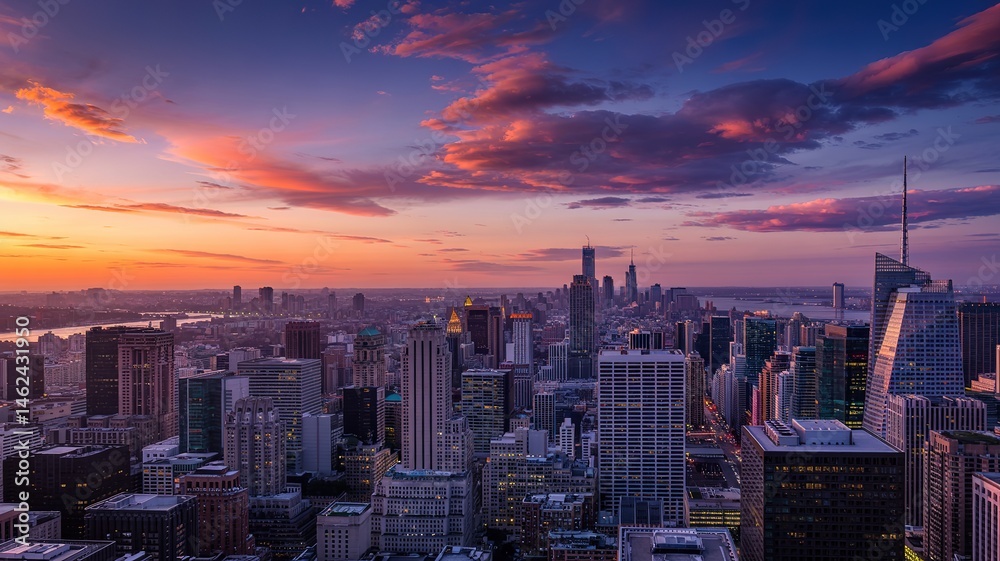 Fototapeta premium Manhattan Skyline at Dusk: A Symphony of Orange and Purple Hues