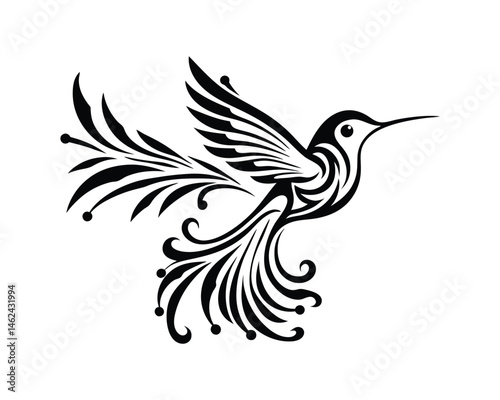 Ornate tribal hummingbird tattoo, decorative black and white bird vector on a white background