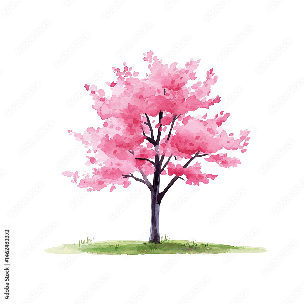 Fototapeta premium A blossoming cherry tree with vibrant pink flowers, painted with watercolor effect. The tree is standing on a small patch of grass, ready for spring 