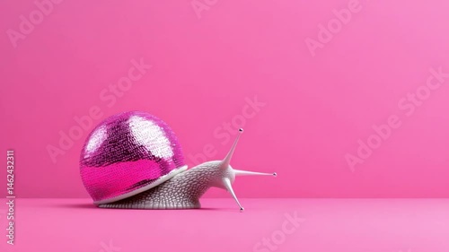 Colorful snail with a shiny pink shell on a vibrant pink backdrop creating an eye-catching visual impression in photography 4k video footage