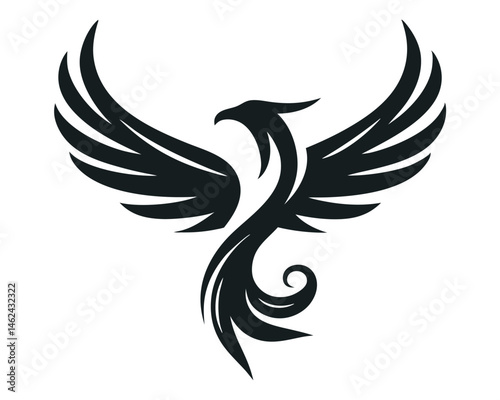 Stylized rising phoenix or dove, black and white abstract bird logo on a white background