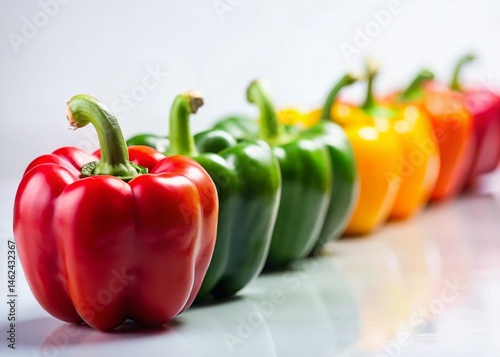 Vibrant Red and Green Peppers in a Row, Tilt-Shift Photography, White Background