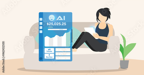 AI Financial Assistant Helping Woman with Budget Planning at Home - Vector Illustration