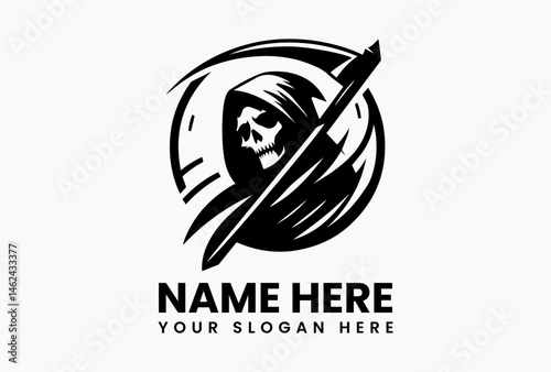 Bold Grim Reaper Vector Logo Graphic. Spooky Fantasy Design