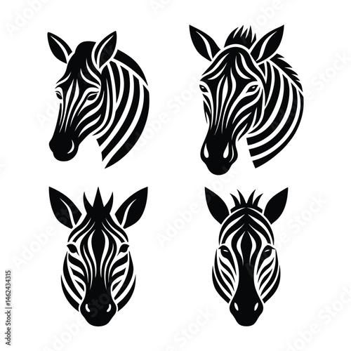 A set of zebra head silhouette vector art illustration