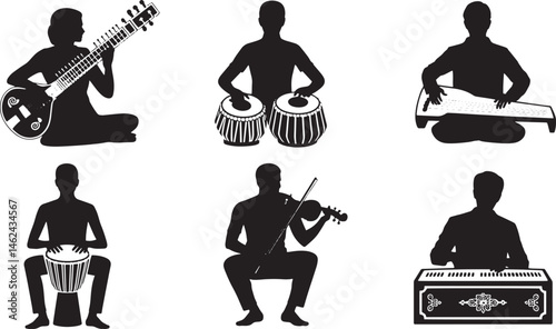 Silhouette of Indian Musician Playing Sitar Tabla Sarangi Djembe Violin Harmonium Against White Background