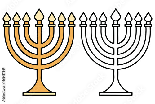 Cartoon menorah icons, one in color and one black outline, stand ready