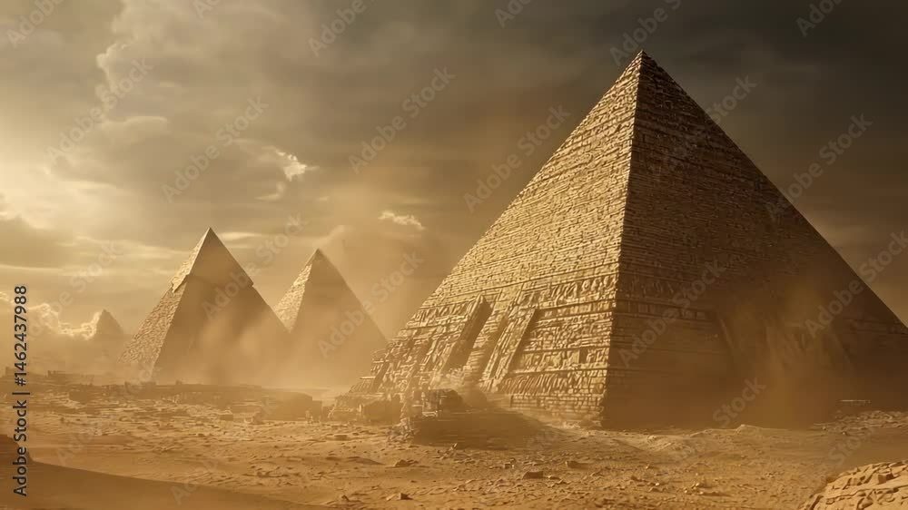 Ancient pyramids in the desert under dramatic sky