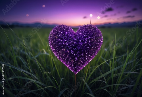 Purple heart-shaped flowers in a meadow at sunset