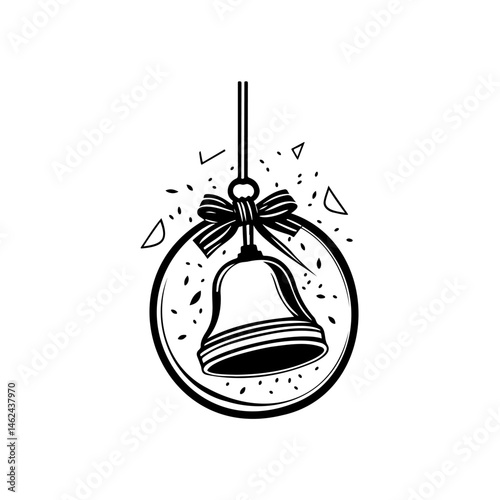 Ornate bell illustration suspended inside a circular frame with ribbon detail