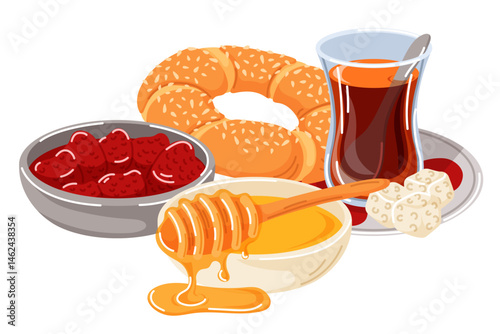 Delicious Turkish Breakfast with honey, traditional tea, strawberry jam, simit in cartoon. Illustration isolated on a white background.