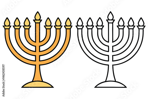 Jewish Hanukkah menorah icons show one colored and one black line on white