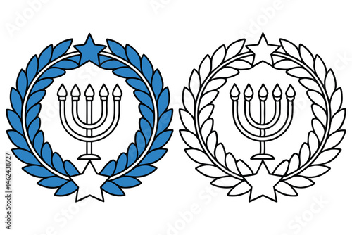 Two emblems showcase a menorah encircled by laurel leaves and a star, one is blue