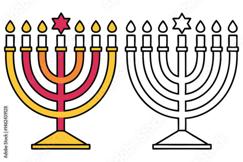 Two nine branch menorahs display filled and outlined styles on a transparent background