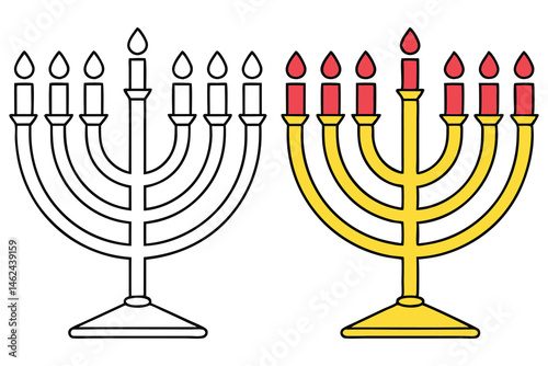 Side by side, a menorah contrasts in outline and color with candles lit transparent
