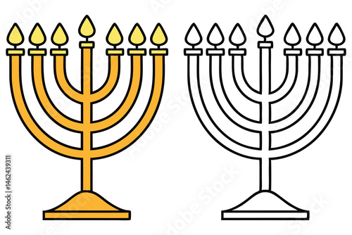 Simple illustration shows a golden menorah next to a black outline version against white