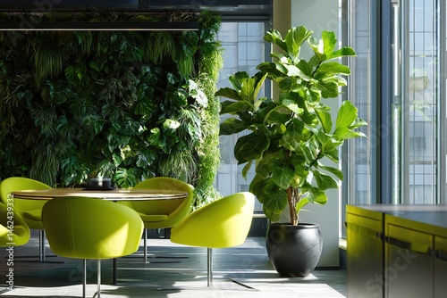 Vibrant Green Plant in Modern Workplace Showcasing Biophilic Design for Employee Wellbeing

