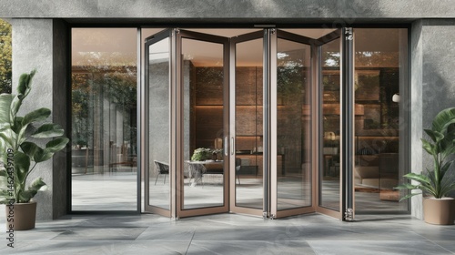 Modern folding glass door with indoor plant minimalistic interior design