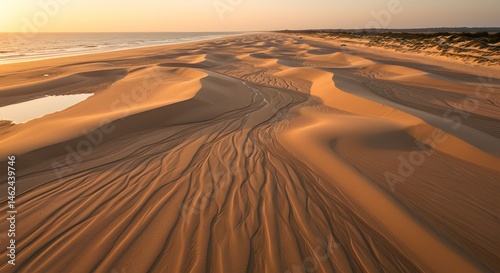 Fototapeta Naklejka Na Ścianę i Meble -  Stunning Aerial View of Coastal Sand Dunes at Sunset Textured Patterns and Golden Hues in Desert Landscape Photography