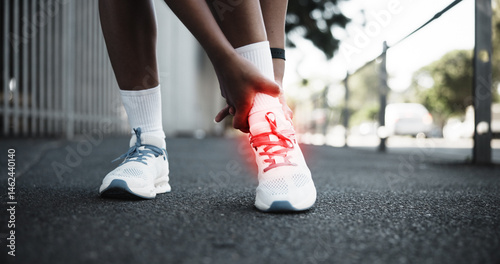 Foto Shoes, ankle pain or exercise overlay in city, cramps or tension with fitness mistake on sidewalk